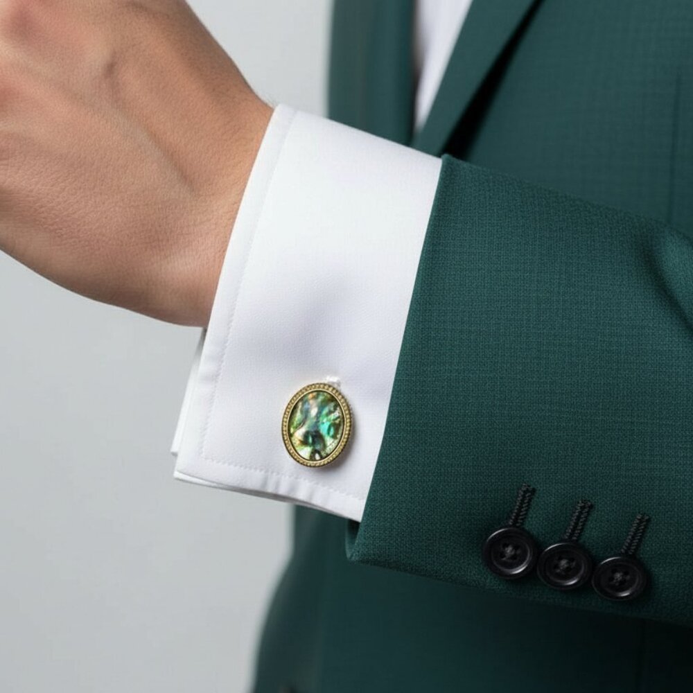 Vtg Gents Cufflinks Abalone Shell & Yellow Gold Plated Links MCM Retro Wedding